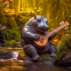 Obraz na płótnie Canvas Pygmy Hippo Plays Lute, AI