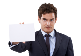 Business man, poster paper and portrait of worker with mockup space for deal and advertisement. Promo, deal and announcement sign with a male executive isolated on a transparent, png background