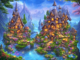 Fototapeta na wymiar Town Village Fairy Tale Scenery Peaceful Refreshing Nature Building Group