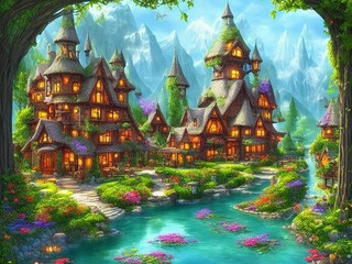 Town Village Fairy Tale Scenery Peaceful Refreshing Nature Building Group