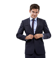 Business man, portrait and professional style isolated on a transparent, png background. Corporate employee, worker and young male person with success and confidence in suit ready to work with smile