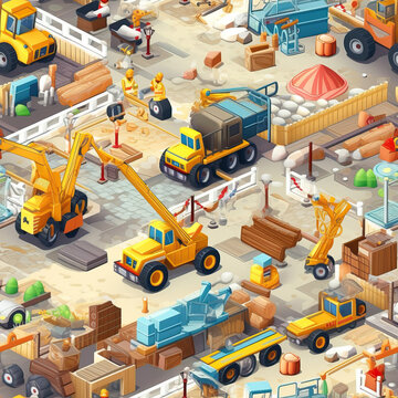 Constructions site cartoon seamless repeat pattern