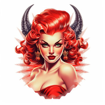 Devil woman with horns. Retro Pin-up. Generative AI