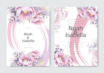 Wedding invitation card template set with soft floral and watercolor background. Beautiful roses invitation card design.