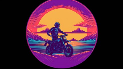 Action shot of a motorbike, synthwave, tshirt vector, enclsoed in a circle, sunset, contour, white background Generative AI