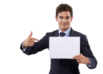 Business man, blank job poster and portrait with pointing to mockup for deal and announcement. Happy, advertising placard and isolated on a transparent, png background with corporate professional
