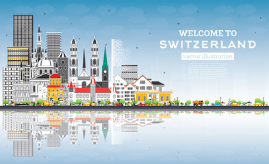 Welcome to Switzerland. City Skyline with Gray Buildings and Blue Sky. Switzerland Cityscape with Landmarks. Bern. Basel. Lugano. Zurich. Geneva.