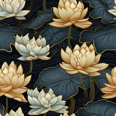 Lotuses in a pond luxury golden line art seamless repeat pattern [Generative AI]
