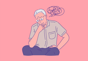 suffering elderly man with thoughtful pose illustration. retirement concept.