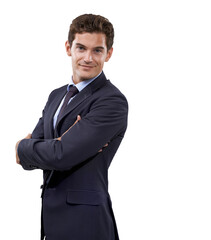 Business man suit, arms crossed and portrait with corporate confidence and success. Male employee,...