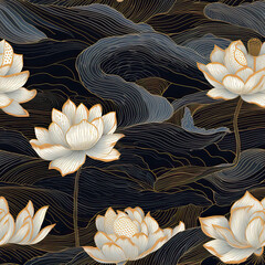Lotuses in a pond luxury golden line art seamless repeat pattern [Generative AI]
