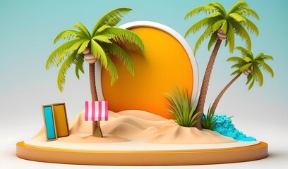 Fototapeta na wymiar Tropical product placement podium stage with summer beach palm tree. Generative ai