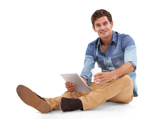 Tablet, coffee break portrait and relax man, student or person working on report, research or...