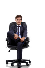 Business man, happy and chair sitting portrait isolated on a transparent, png background....