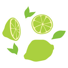 Vector illustration. Set of individual limes and leaves. Sample. Whole and cut lime.