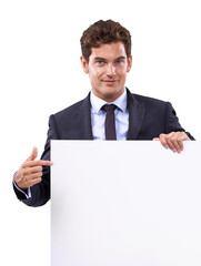 Business man, poster pointing and portrait of worker with mockup space for deal and advertisement. Promo, deal and announcement sign with a male executive isolated on a transparent, png background