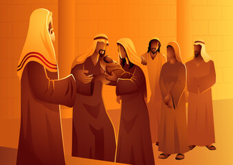 Biblical vector illustration series, forty days after Jesus' birth, Mary and Joseph carried Him to the Temple in Jerusalem