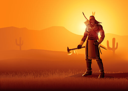 Native American warrior holding an axe and a knife on beautiful landscape, vector illustration