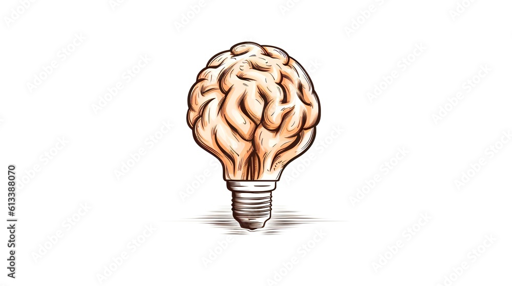 Poster hand drawn brain inside a light bulb, isolated on a white background. the concepts of innovation and