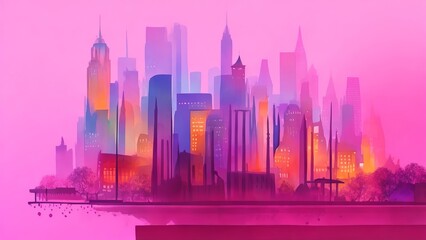 Watercolor City. City drawing background. Generative AI.