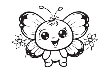 Kids Coloring Pages, Butterfly Coloring Pages, Funny  Butterfly Character Vector Illustration 