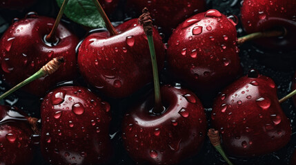 Fresh cherries with water drops on dark background