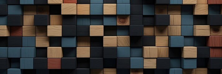 Wooden cube blocks concept background. Blue, white, and gray tile square mosaic. Checkerboard set.