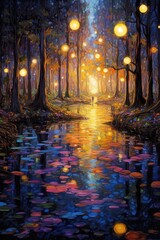 Magical abstract fairytale forest with sparkling fairy lights. Colorful painting of firefly woods. Pathway in an enchanted night.