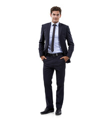 Business man, worker suit and portrait with corporate confidence and success. Male employee, happy and professional isolated on a transparent, png background ready for working with trendy job style
