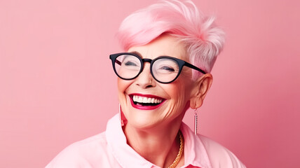 Modern adult woman in stylish pink clothes with pink hair, Barbicore style, laughs very hard. Portrait of a happy woman Generative AI
