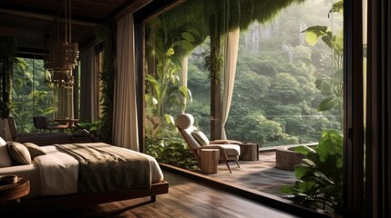 Beautiful outdoor views. Patio hotel room in Bali jungle. Ocean shoreline landscape. Bedroom furniture with vegetation. Travel vacation.