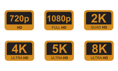 Golden 8k 4k 5k ultra HD video resolution icon, buttons for videos vector elements