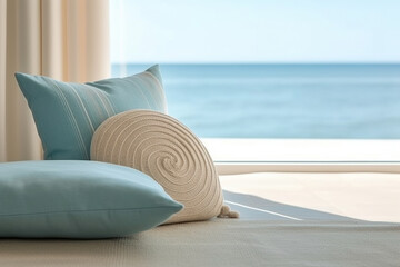 Fototapeta na wymiar Mediterranean interior design composition with pillows - Minimalistic concept. Generative AI