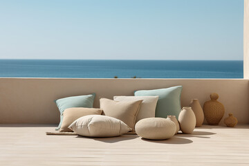 Fototapeta na wymiar Mediterranean interior design composition with pillows - Minimalistic concept. Generative AI