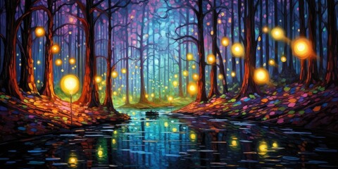 Obraz premium Magical abstract fairytale forest with sparkling fairy lights. Colorful painting of firefly woods. Pathway in an enchanted night.