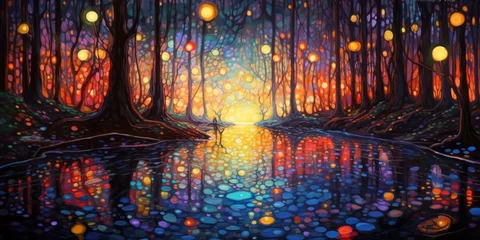 Fotobehang Sprookjesbos Magical abstract fairytale forest with sparkling fairy lights. Colorful painting of firefly woods. Pathway in an enchanted night.