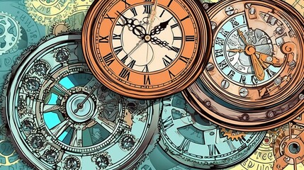 Fototapeta na wymiar Detailed comic style various sized clocks with cogs overlapping, vector, clean lines, coloring page style,Generative AI