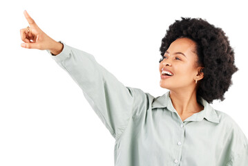 Smile, direction and woman point, happy and gesture at retail offer, sales message or brand promo notification. Person show advertising info, branding or view isolated on transparent, png background