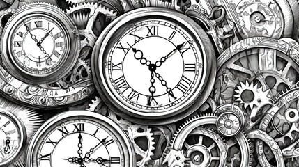 Detailed comic style various sized clocks with cogs overlapping, vector, clean lines, coloring page style,Generative AI - obrazy, fototapety, plakaty