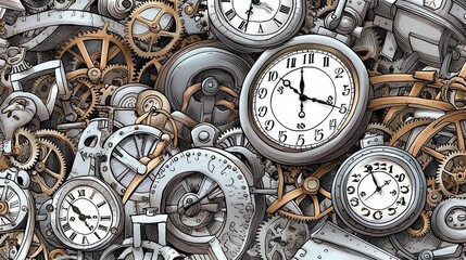Detailed comic style various sized clocks with cogs overlapping, vector, clean lines, coloring page style,Generative AI