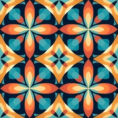 Seamless pattern with mandalas in blue and orange colors.The Geometric Harmony seamless pattern design.Generative AI