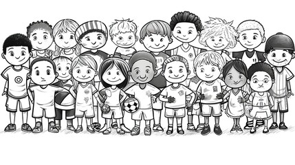 Diferents ethnicity together in soccer coloring pages best of coloring pages for kids, in the style of black and white,Generative AI