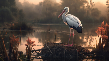 Generative AI Illustrazioni of a Stork on the Edge of a Lake or Marsh - obrazy, fototapety, plakaty