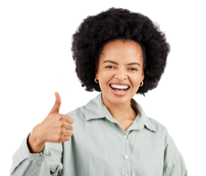Satisfaction, face portrait and happy woman thumbs up for achievement, target goals success or emoji hand sign. Congratulations, vote or excited African person isolated on transparent, png background