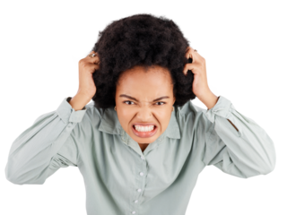 Stress, headache and portrait of angry black woman on isolated, transparent or png background. Noise, face and African female person with anxiety, vertigo or tinnitus, brain fog or frustrated emoji