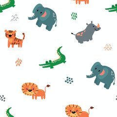 Seamless pattern with safari animals. Lion, tiger, elephant, rhinoceros, crocodile. Design for fabric, textile, wallpaper, packaging.