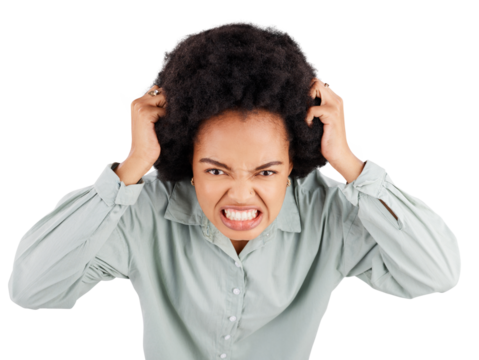 Stress, headache and portrait of angry black woman on isolated, transparent or png background. Noise, face and African female person with anxiety, vertigo or tinnitus, brain fog or frustrated emoji - Powered by Adobe