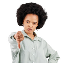 Portrait, thumbs down and woman serious angry isolated on a transparent, png background Hand gesture, African female person with dislike emoji, negative opinion with rejection and failure vote
