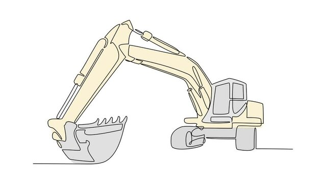 Animated self drawing of single continuous line draw for excavator in the site project industrial power plant. heavy equipment design in simple linear style. Power plant design concept animation.