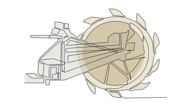Animated self drawing of single continuous line draw for Reclaimer in the site project coal shed industrial power plant. Equipment design in simple linear style. Power plant design concept animation